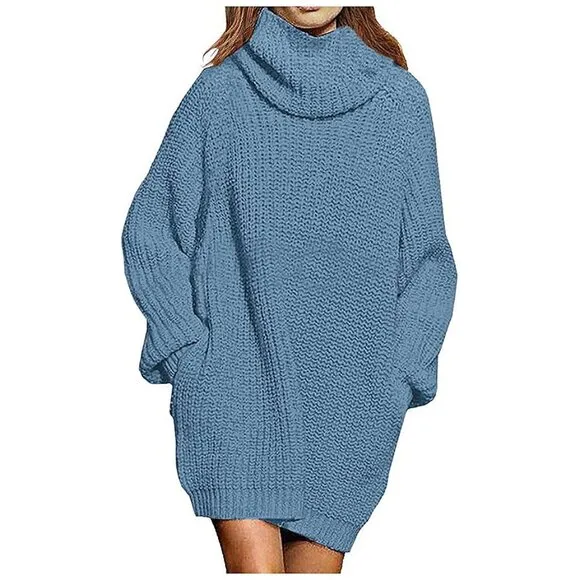 Women's Loose Turtleneck Oversize Long Pullover Sweater Dress Y - Light Blue