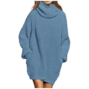 Women's Loose Turtleneck Oversize Long Pullover Sweater Dress Y - Light Blue