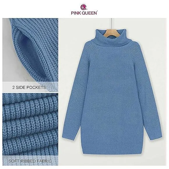 Women's Loose Turtleneck Oversize Long Pullover Sweater Dress Y - Light Blue