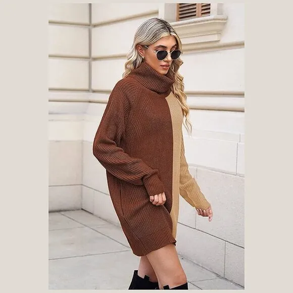 Women's Loose Turtleneck Oversize Long Pullover Sweater Y - Coffee and Khaki
