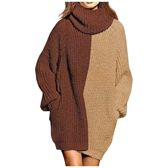 Women's Loose Turtleneck Oversize Long Pullover Sweater Y - Coffee and Khaki