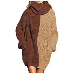 Women's Loose Turtleneck Oversize Long Pullover Sweater Y - Coffee and Khaki