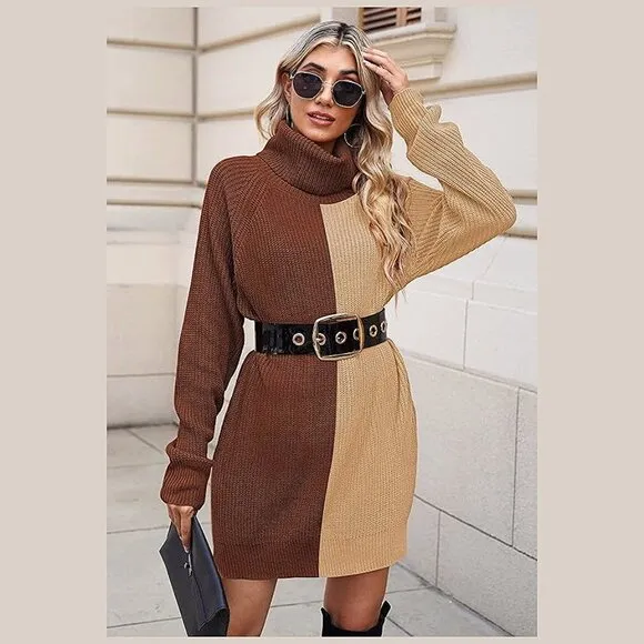 Women's Loose Turtleneck Oversize Long Pullover Sweater Y - Coffee and Khaki