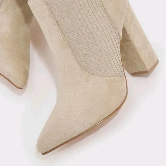 Women's Minimalist Fashion Point Toe Chunky Heeled Apricot Beige Sock Boots