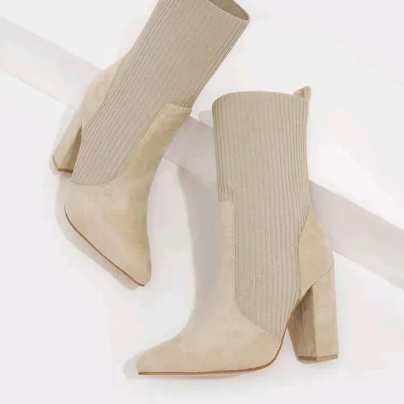 Women's Minimalist Fashion Point Toe Chunky Heeled Apricot Beige Sock Boots