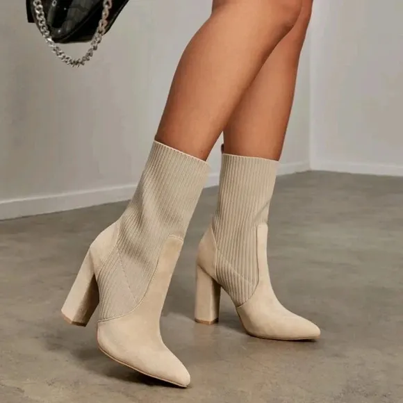 Women's Minimalist Fashion Point Toe Chunky Heeled Apricot Beige Sock Boots