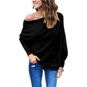 Women's Off Shoulder Batwing Sleeve Loose Pullover Sweater Tunic Top Bla…