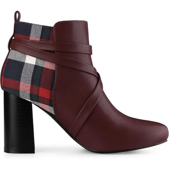 ✨Women's Purpel Pointy Toe Crisscross Strap Buckle Chunky Heels Ankle Booties