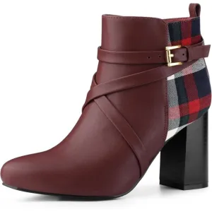 ✨Women's Purpel Pointy Toe Crisscross Strap Buckle Chunky Heels Ankle Booties
