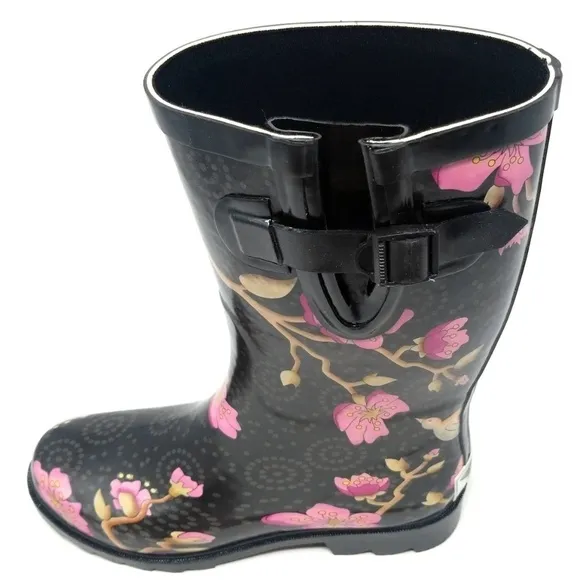 Women's Rubber Rain Boots, Pink Cherry Orchard Flower, Water Boot 11&quot; Wellies