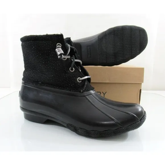 Women's Sperry Top Sider Saltwater Sparkle Duck Boots Rainboots Black Size 7.5