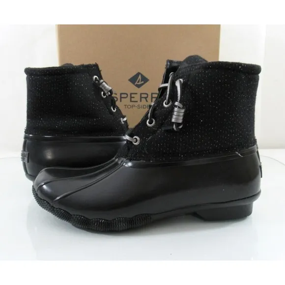 Women's Sperry Top Sider Saltwater Sparkle Duck Boots Rainboots Black Size 7.5