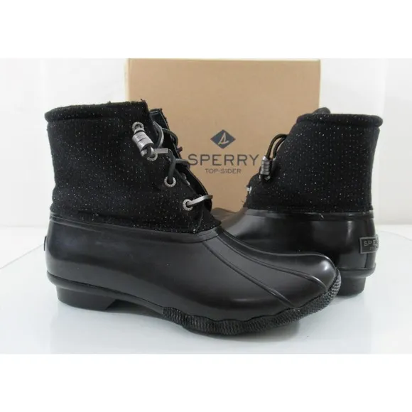 Women's Sperry Top Sider Saltwater Sparkle Duck Boots Rainboots Black Size 7.5