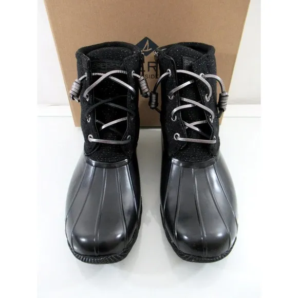 Women's Sperry Top Sider Saltwater Sparkle Duck Boots Rainboots Black Size 7.5