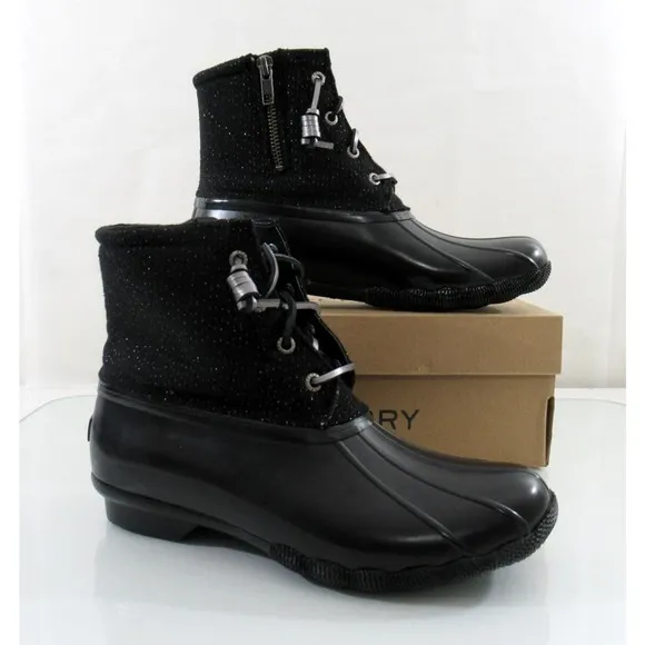 Women's Sperry Top Sider Saltwater Sparkle Duck Boots Rainboots Black Size 7.5