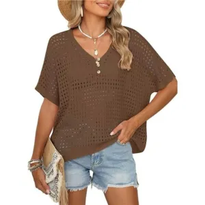 Womens Summer V Neck Short Sleeve Chestnut