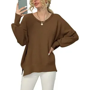 Women's V Neck Long Sleeve Pullover Sweater Top, Coffee