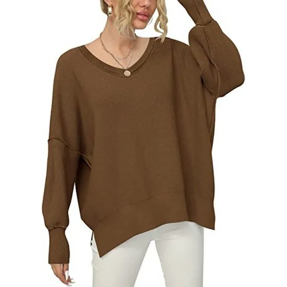 Women's V Neck Long Sleeve Pullover Sweater Top, Coffee