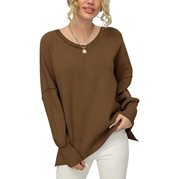 Women's V Neck Long Sleeve Pullover Sweater Top, Coffee