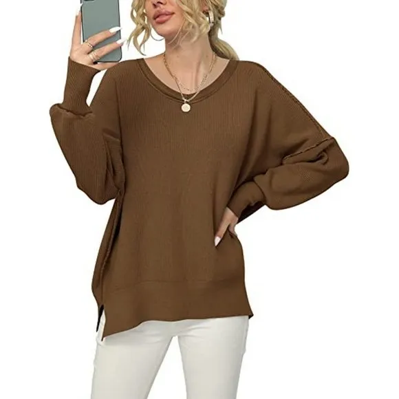 Women's V Neck Long Sleeve Pullover Sweater Top, Coffee