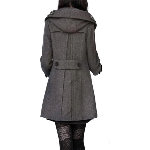 Women's Warm Double Breasted Wool Pea Coat Trench Coat Jacket with Hood
