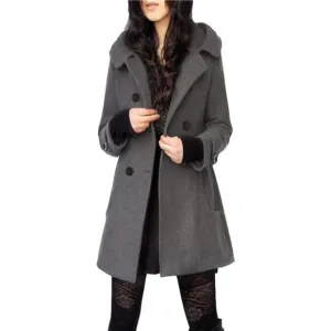 Women's Warm Double Breasted Wool Pea Coat Trench Coat Jacket with Hood