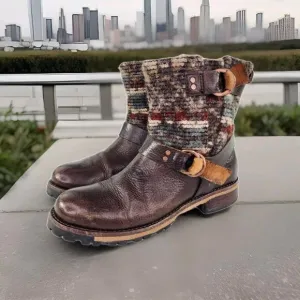 Woolrich Womens Baltimore Harness Boot US 7.5 Brown Knit Wool Moto Biker Boots