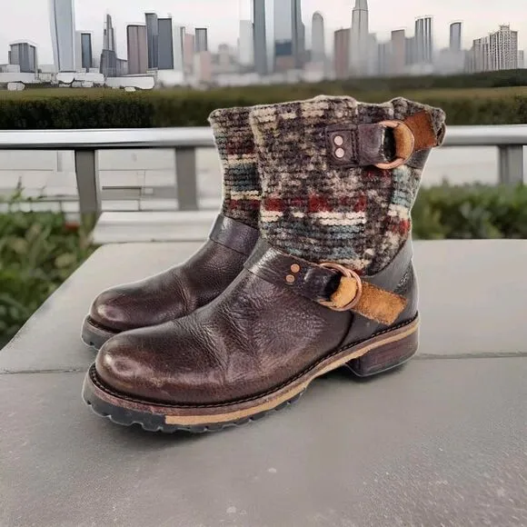 Woolrich Womens Baltimore Harness Boot US 7.5 Brown Knit Wool Moto Biker Boots