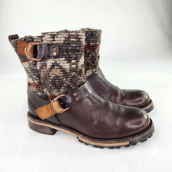 Woolrich Womens Baltimore Harness Boot US 7.5 Brown Knit Wool Moto Biker Boots