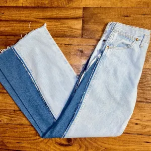Wrangler • 1990’s • Women • Size 30 x 34 • Denim • Blue 2 Tone Bell Bottom Jeans