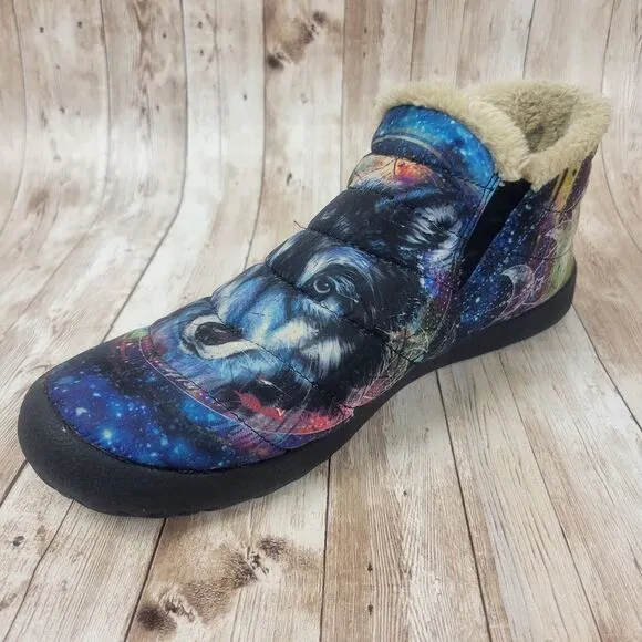 Yes We Vibe Wolf Dream Catcher Galaxy Blue Purple Celestial Soft Ankle Boots 12