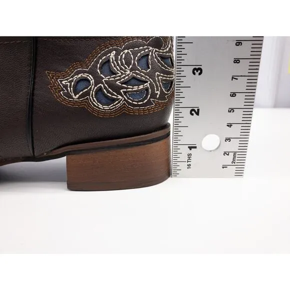YOUTHJUNE Blue &amp; Brown  Embroidered Ostrich Look Saddle Cowboy Boots Women's 10