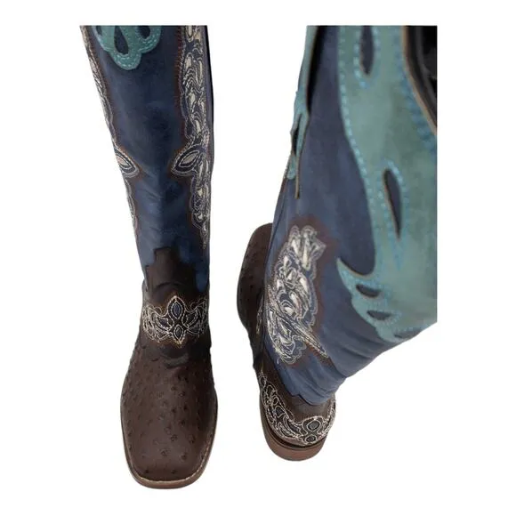 YOUTHJUNE Blue &amp; Brown  Embroidered Ostrich Look Saddle Cowboy Boots Women's 10