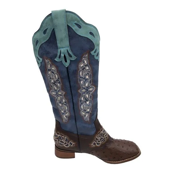 YOUTHJUNE Blue &amp; Brown  Embroidered Ostrich Look Saddle Cowboy Boots Women's 10