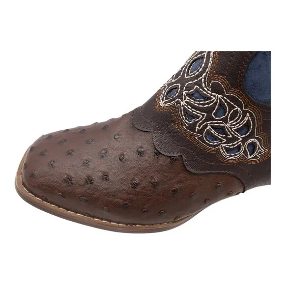 YOUTHJUNE Blue &amp; Brown  Embroidered Ostrich Look Saddle Cowboy Boots Women's 10
