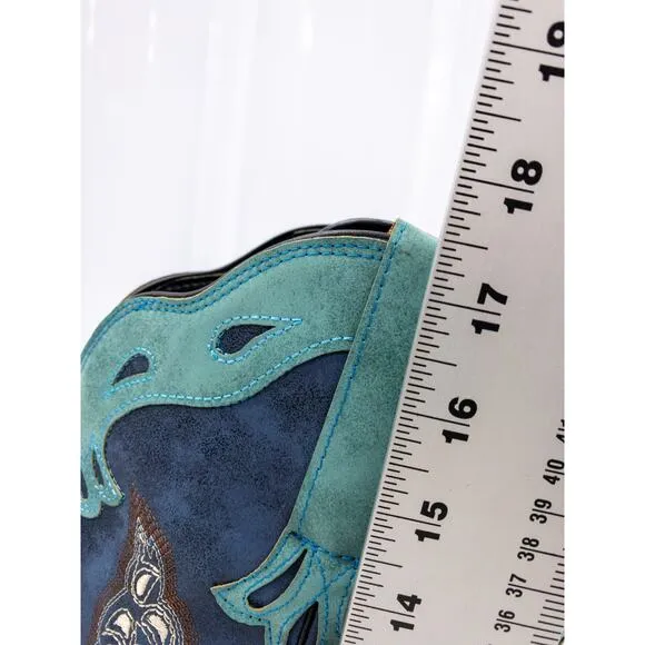 YOUTHJUNE Blue &amp; Brown  Embroidered Ostrich Look Saddle Cowboy Boots Women's 10