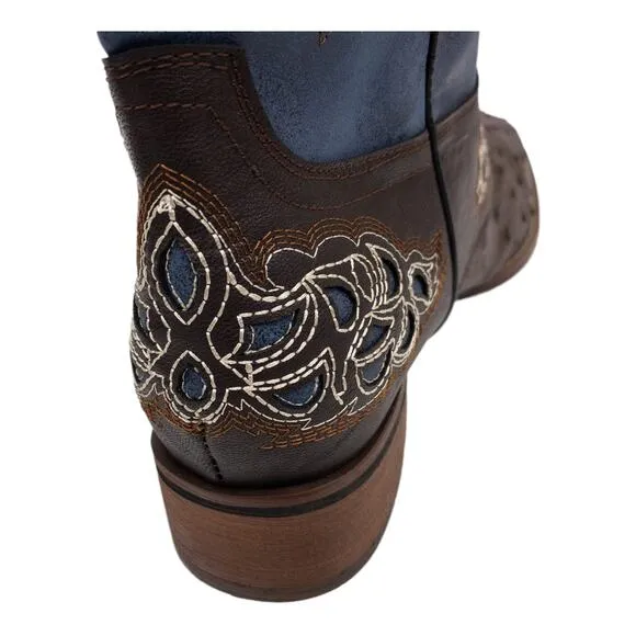 YOUTHJUNE Blue &amp; Brown  Embroidered Ostrich Look Saddle Cowboy Boots Women's 10
