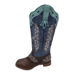 YOUTHJUNE Blue &amp; Brown  Embroidered Ostrich Look Saddle Cowboy Boots Women's 10