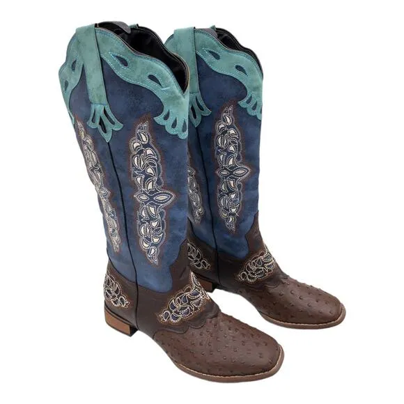 YOUTHJUNE Blue &amp; Brown  Embroidered Ostrich Look Saddle Cowboy Boots Women's 10