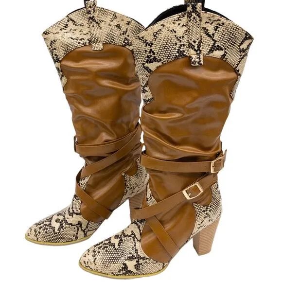 YOUTHJUNE Brown &amp; Gray Snake Embossed Strappy Knee High Cowboy Boots Women's 9