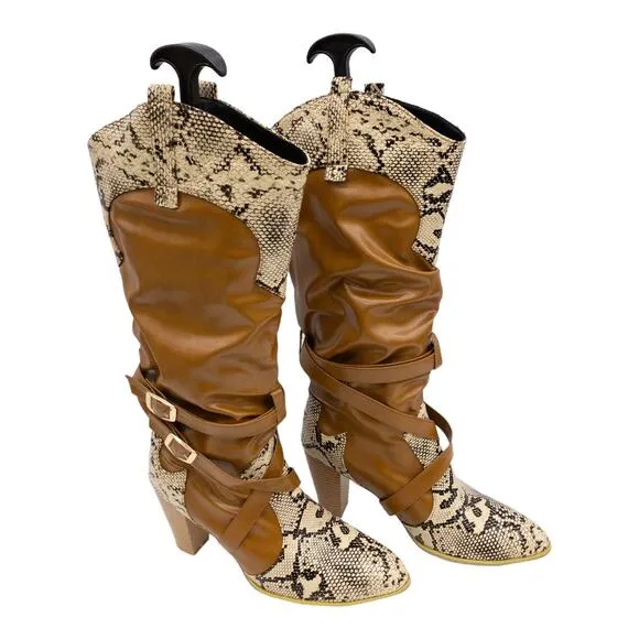 YOUTHJUNE Brown &amp; Gray Snake Embossed Strappy Knee High Cowboy Boots Women's 9