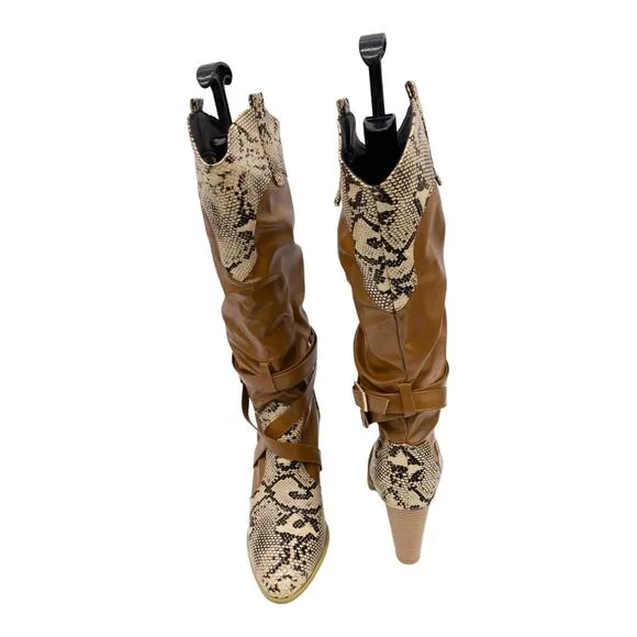 YOUTHJUNE Brown &amp; Gray Snake Embossed Strappy Knee High Cowboy Boots Women's 9