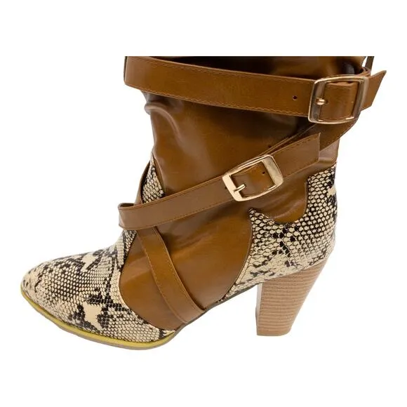 YOUTHJUNE Brown &amp; Gray Snake Embossed Strappy Knee High Cowboy Boots Women's 9