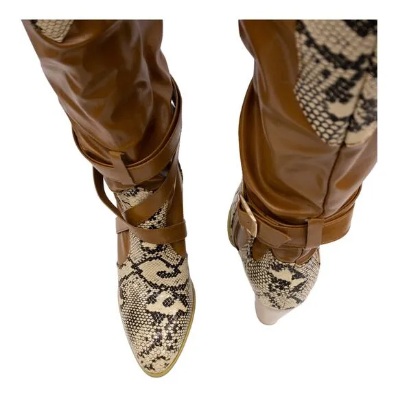 YOUTHJUNE Brown &amp; Gray Snake Embossed Strappy Knee High Cowboy Boots Women's 9