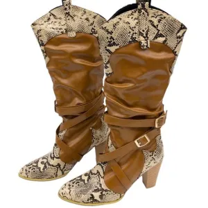 YOUTHJUNE Brown &amp; Gray Snake Embossed Strappy Knee High Cowboy Boots Women's 9