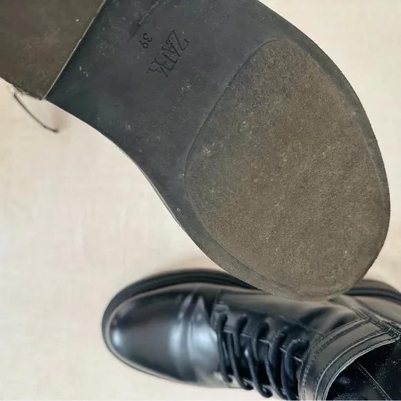 Zara Black Faux Leather Lace Up Combat Boots