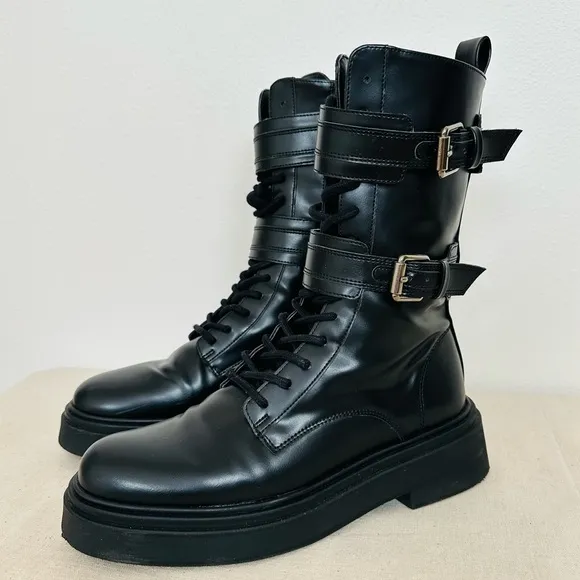 Zara Black Faux Leather Lace Up Combat Boots