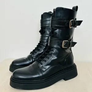 Zara Black Faux Leather Lace Up Combat Boots