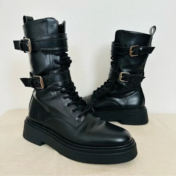 Zara Black Faux Leather Lace Up Combat Boots