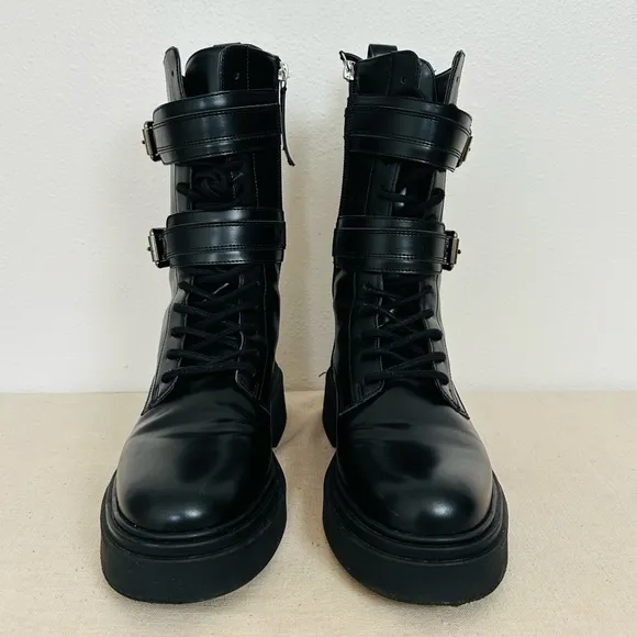 Zara Black Faux Leather Lace Up Combat Boots